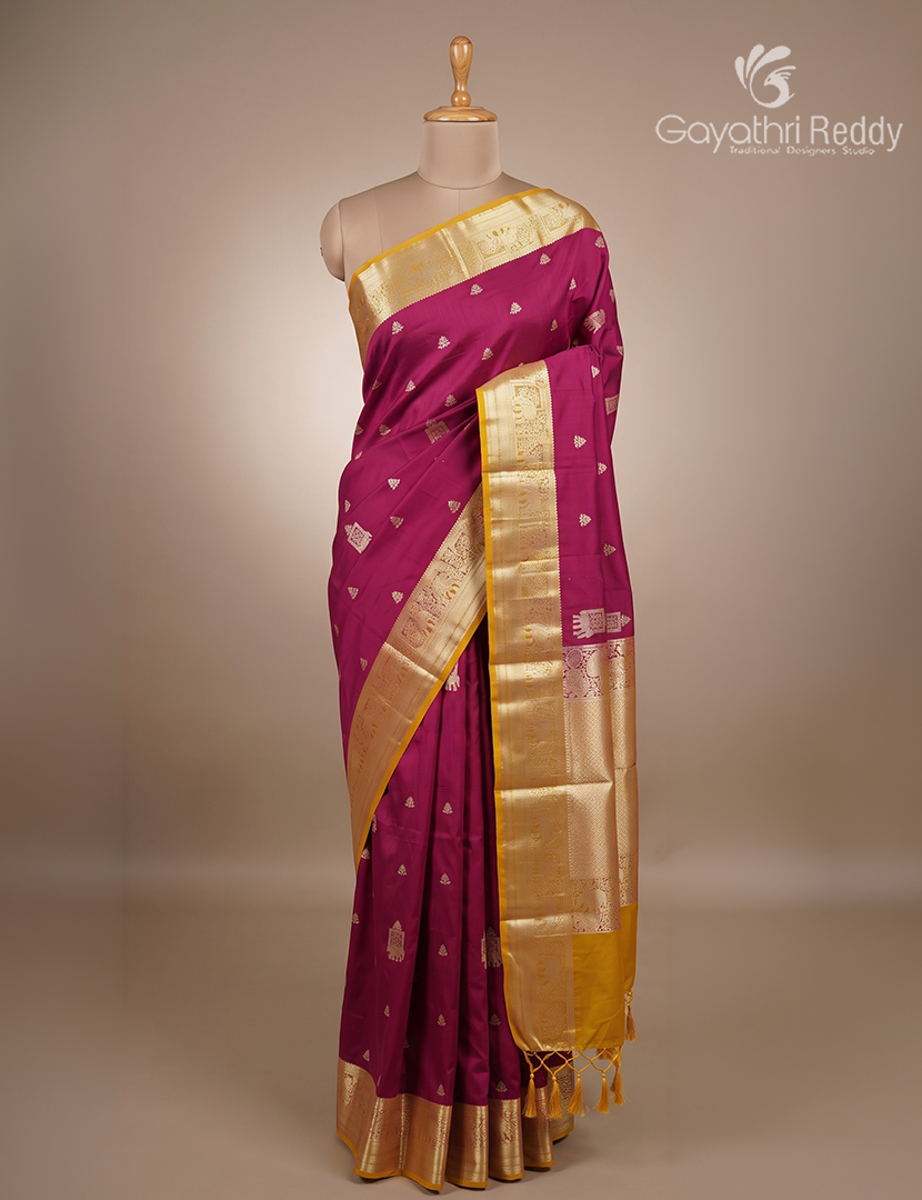 Soft Silk Saree in Deep Magenta Pink and Yellow