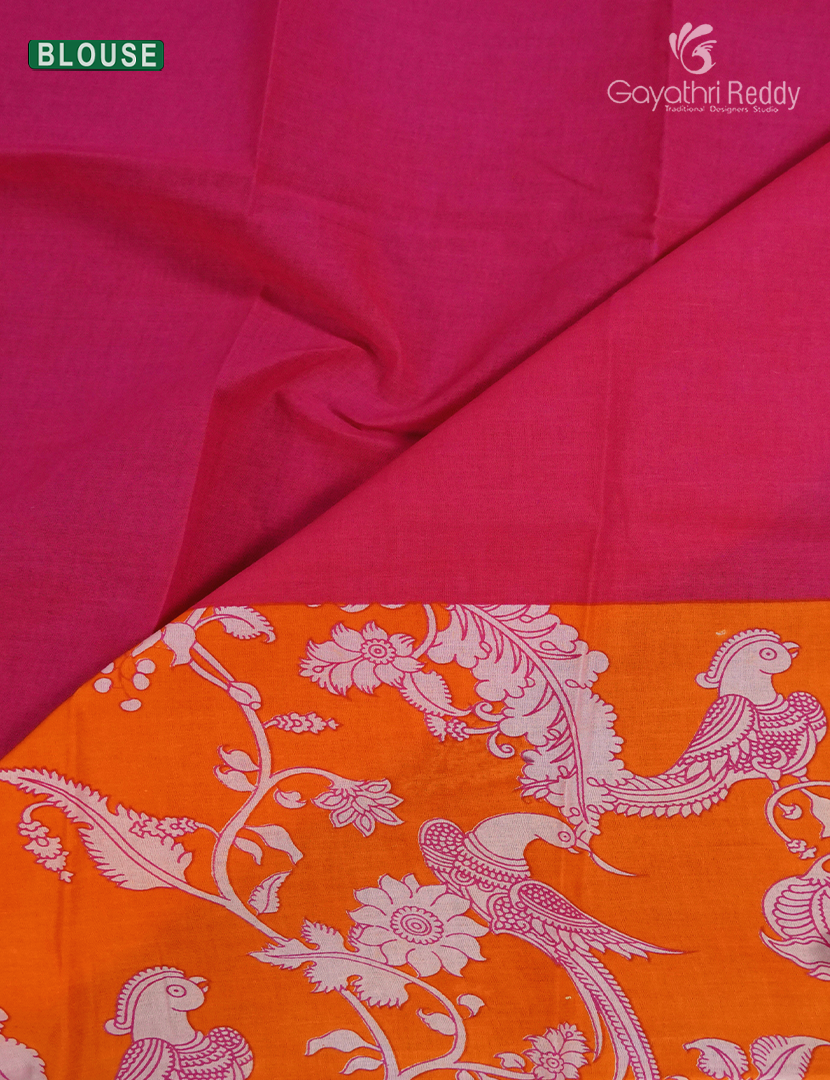 Munga Cotton Saree in Orange and Rani Pink