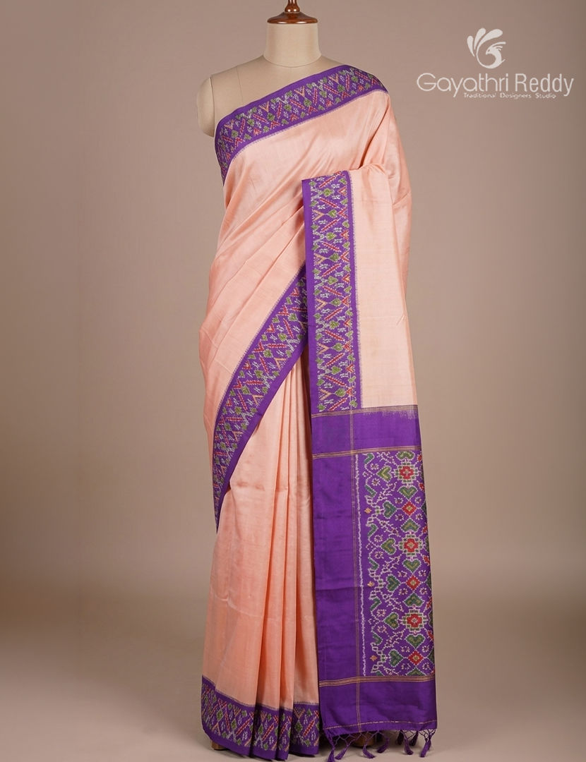 Pure Ikat Silk Saree in Peach and Deep Violet