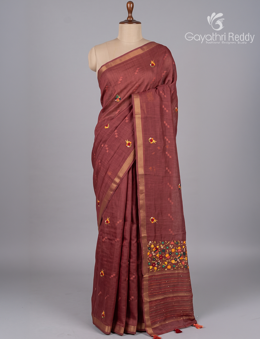 Pure Linen Saree in Deep Rust Red