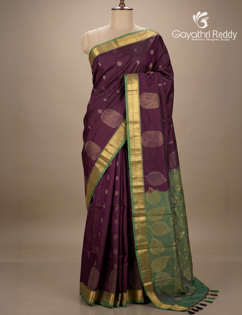 Pure Kanchipuram Silk Saree in Deep Maroon and Green