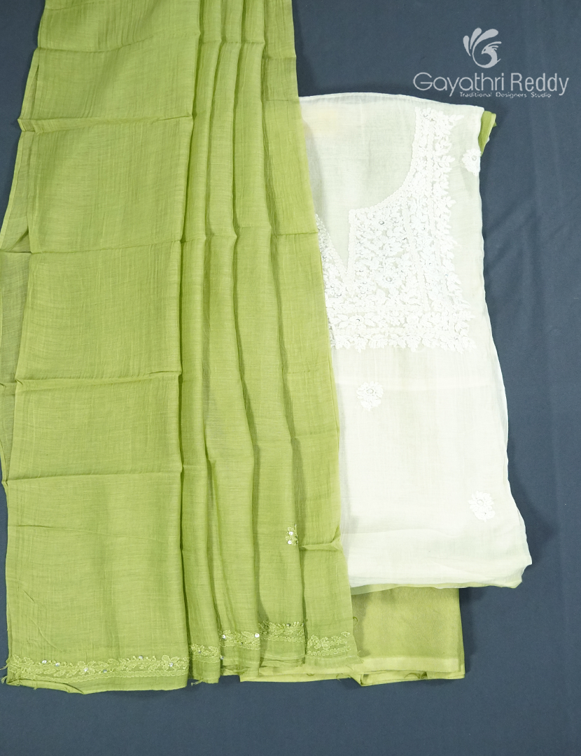 Dress Material 3 Piece Set In Milk White and Pista Green