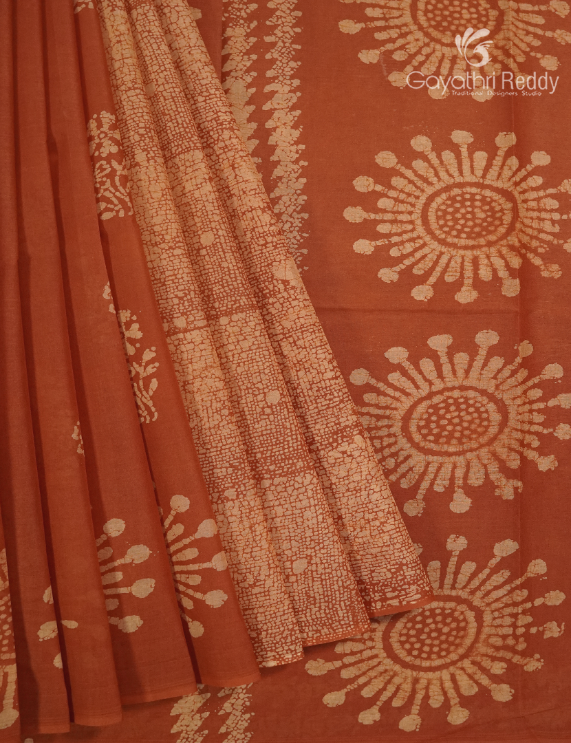 Cotton Batik Print Saree in Light Mustard and Rust