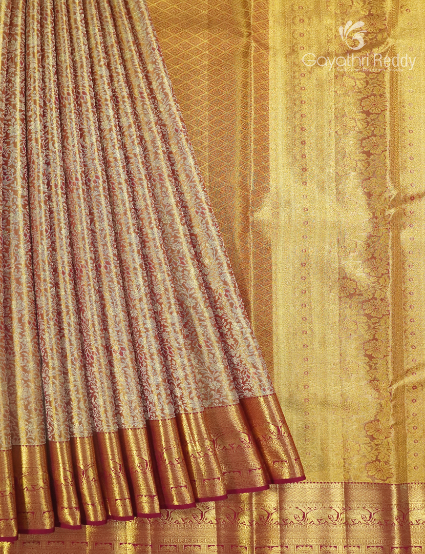 Pure Kanchipuram Silk Bridal Saree in Rose gold and Deep Red