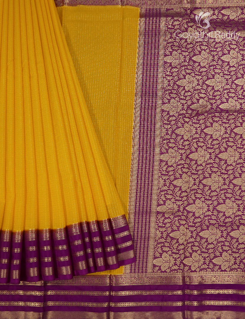 Semi Mysore Crepe Saree in Mango Yellow and Deep Jamun