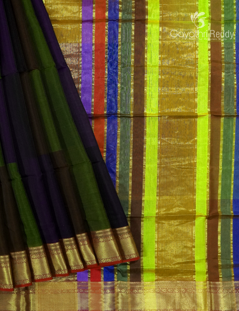 Pure Chanderi Sico Saree in Deep Violet and Deep Mehendi Green