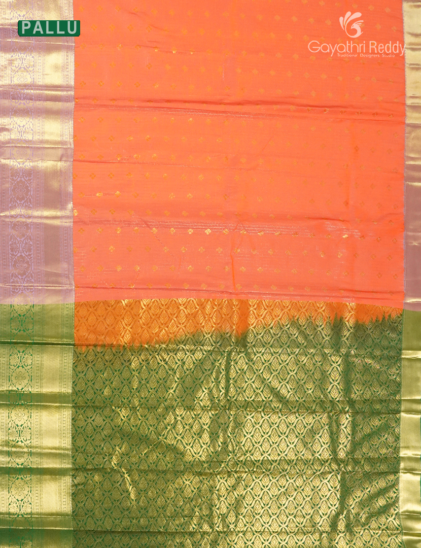 Semi Kanchipuram Silk Saree in Orange  and Mehendi Green