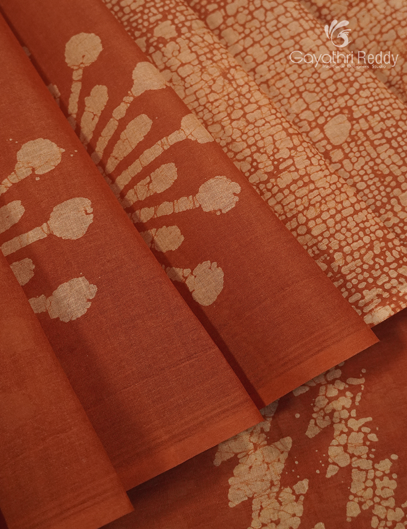 Cotton Batik Print Saree in Light Mustard and Rust