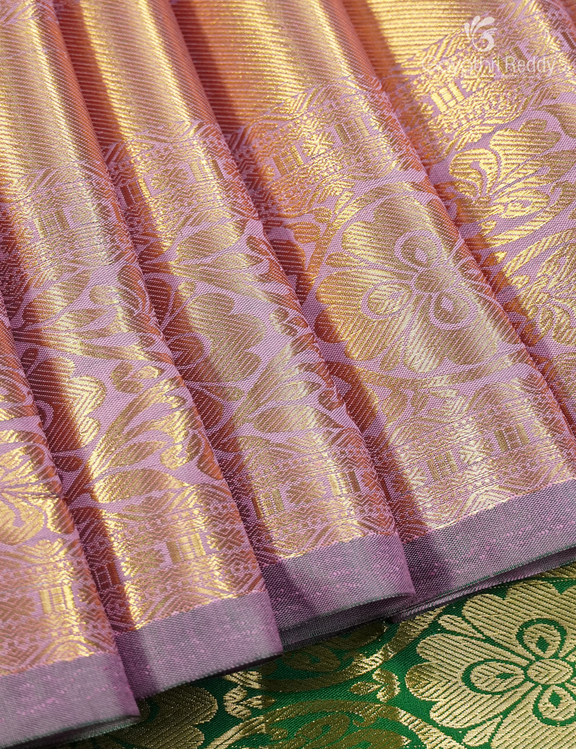 Semi Kanchipuram Silk Saree in Orange  and Mehendi Green