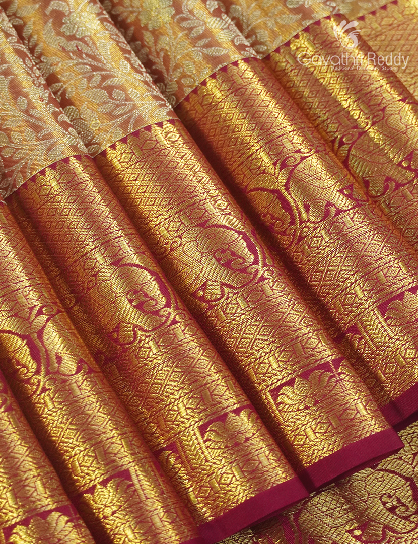 Pure Kanchipuram Silk Bridal Saree in Rose gold and Deep Red