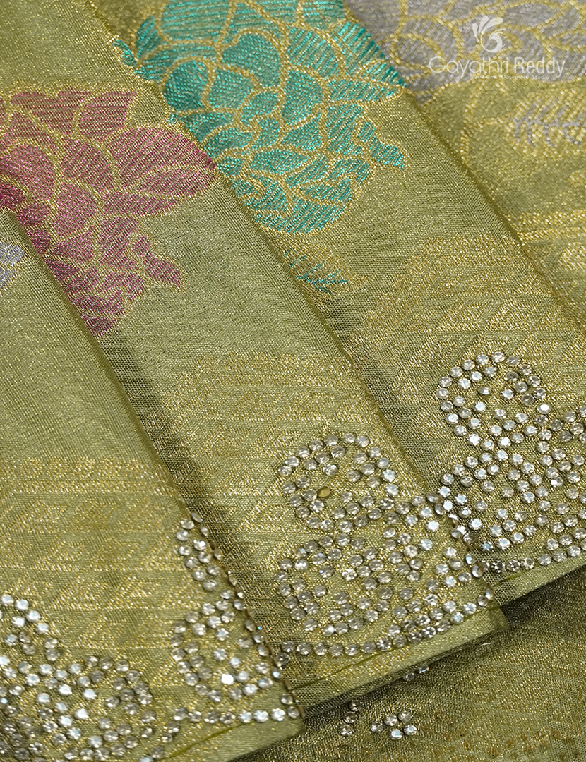 Semi Kanchipuram Silk Fancy Saree in Parrot Green