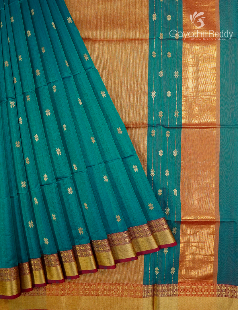 Pure Chanderi Sico Saree in Rama Green and Mustard