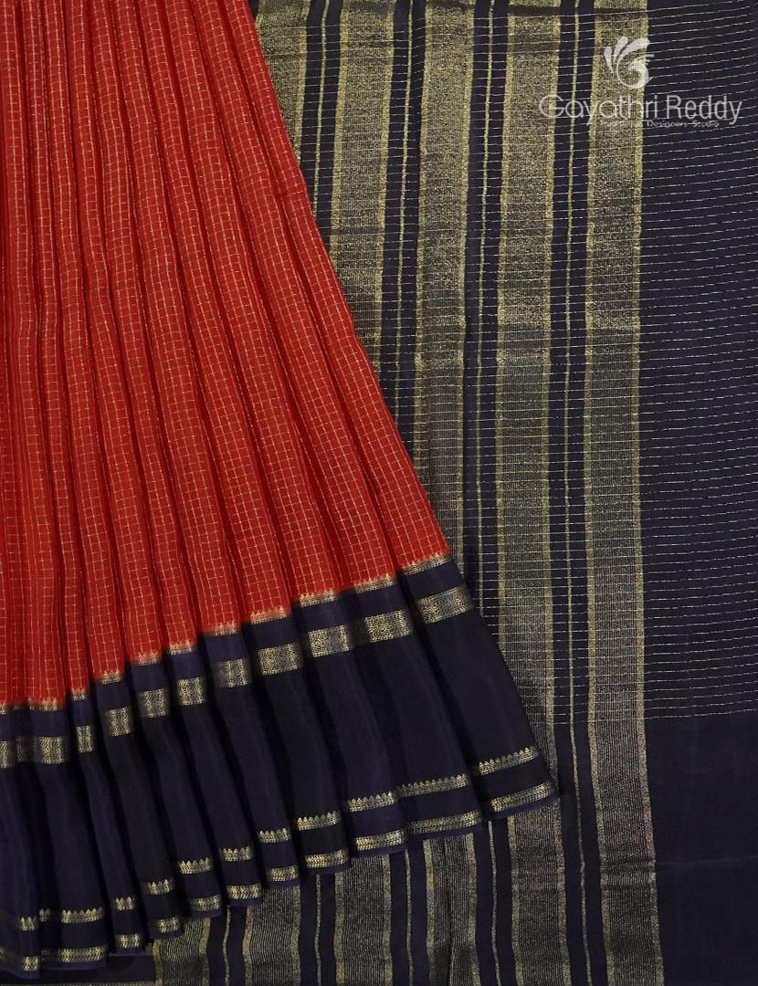 Semi Mysore Crepe Saree in Red and Deep Navy Blue