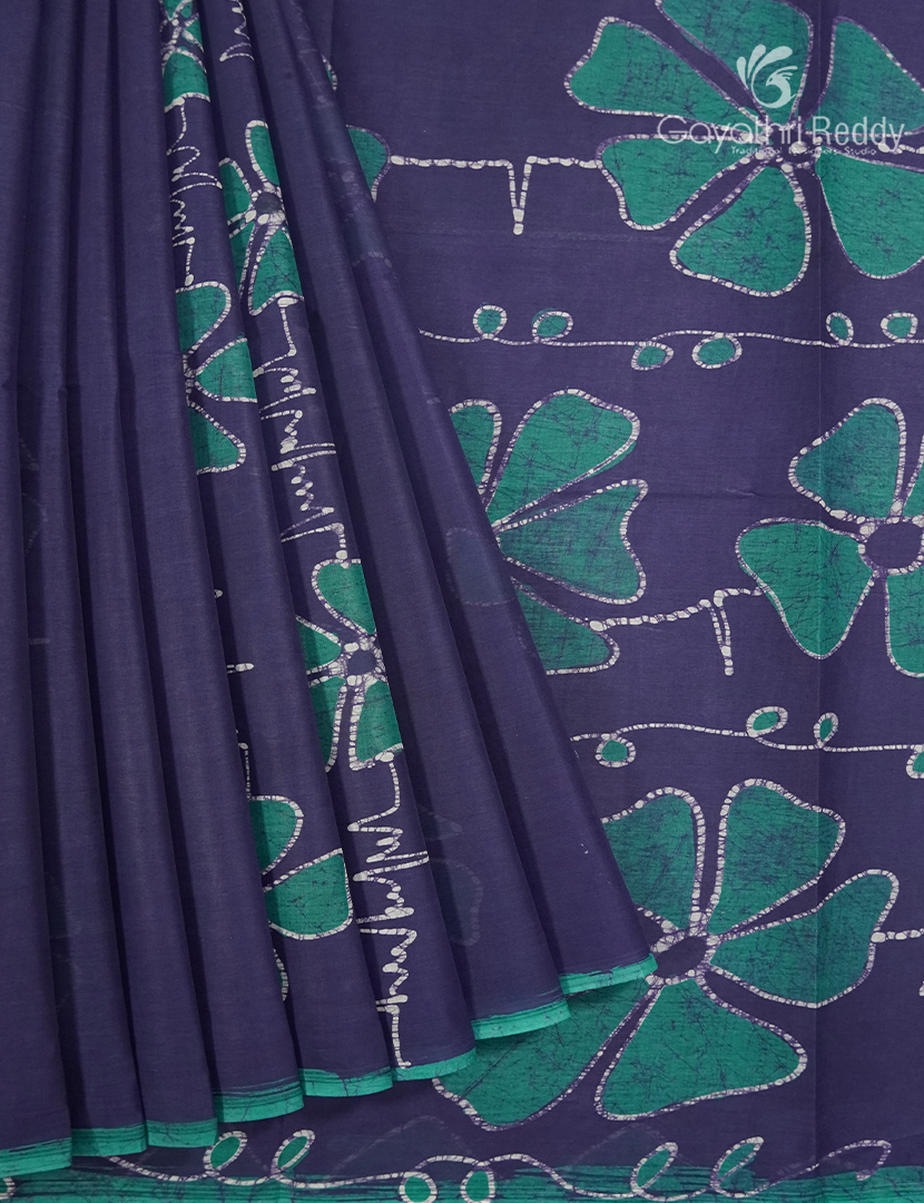 Cotton Batik Print Saree in Navy blue and Sea green