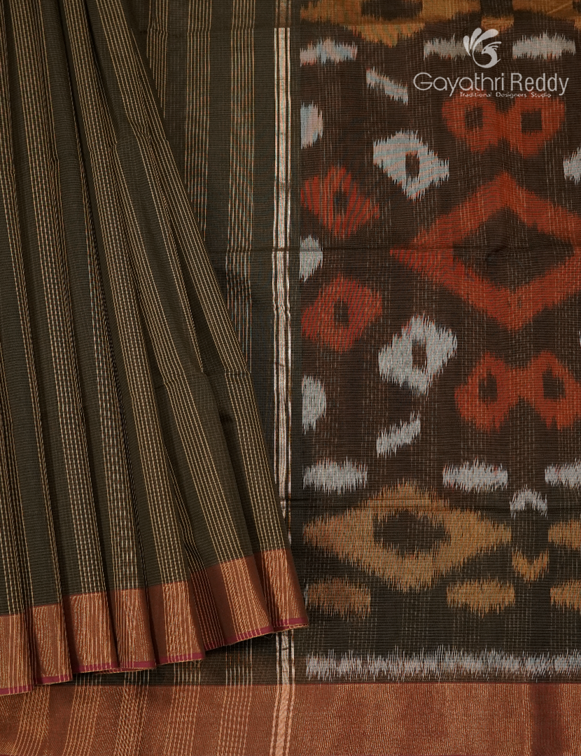 Semi Ikat Sico Saree in Deep Olive Green