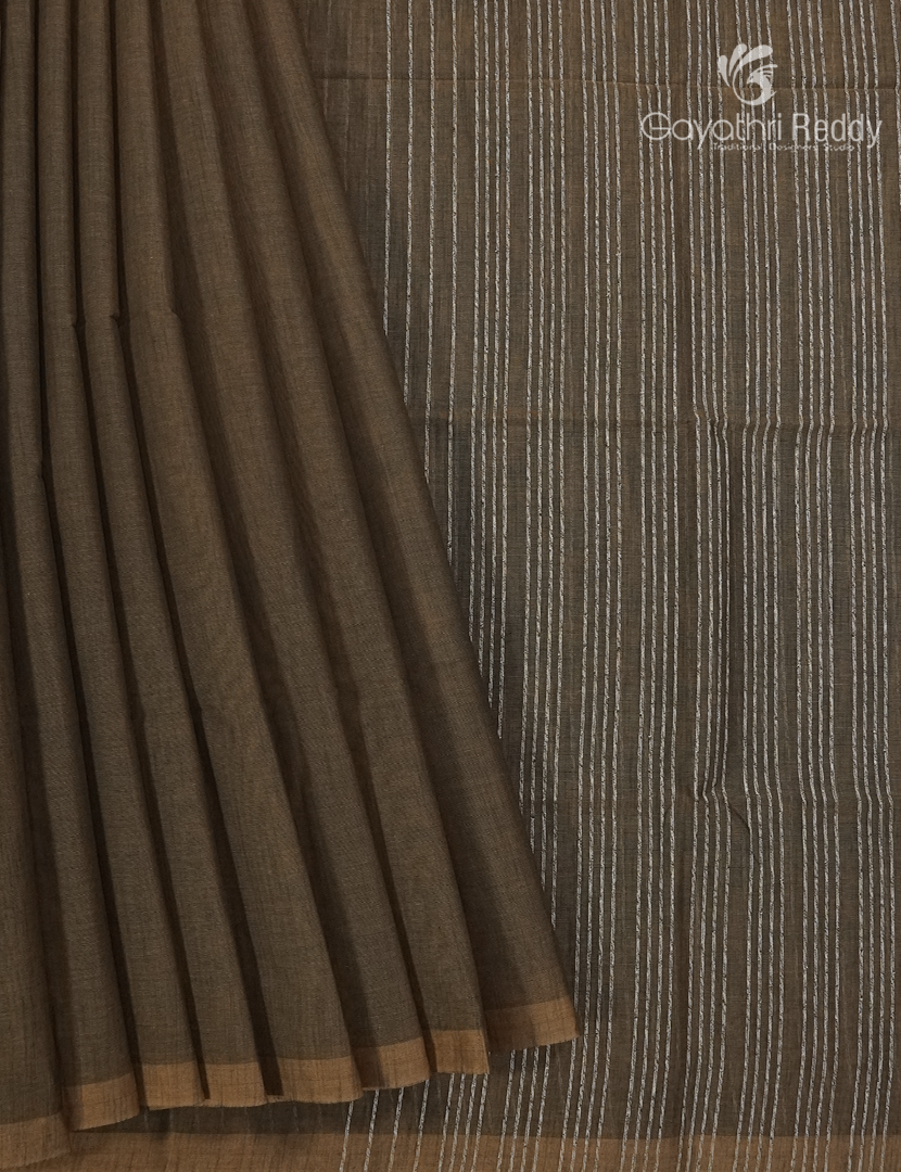 Pure Handloom Cotton Saree in Olive Brown