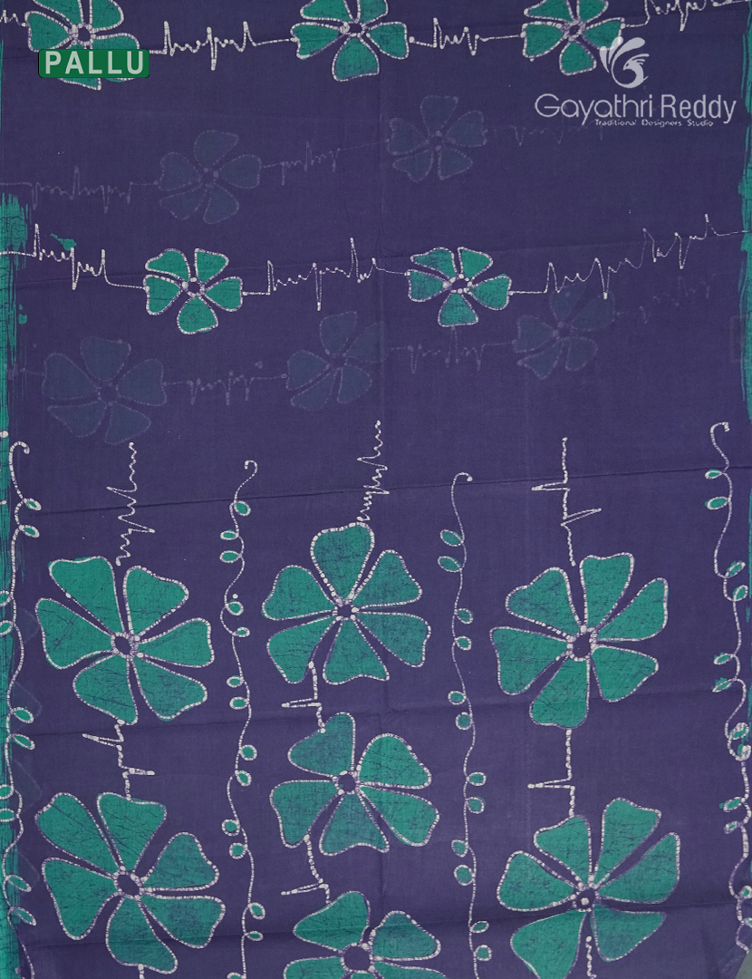 Cotton Batik Print Saree in Navy blue and Sea green