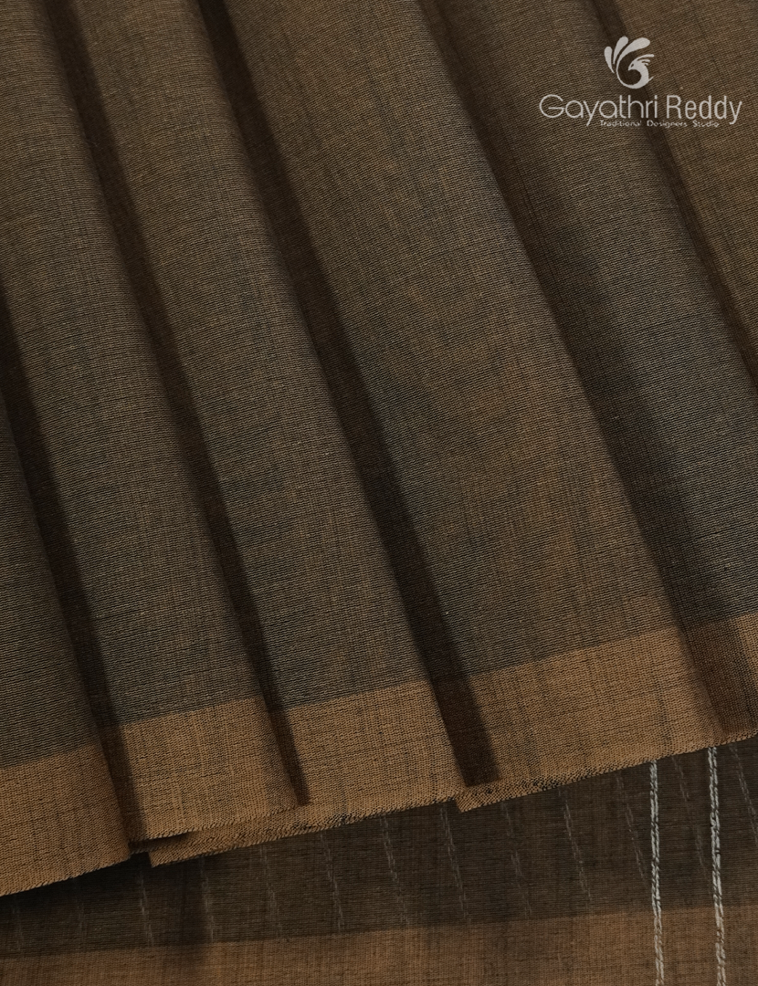Pure Handloom Cotton Saree in Olive Brown