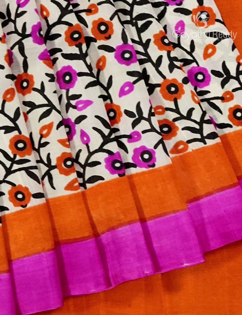 Pure Silk Saree in Cream and Rani Pink