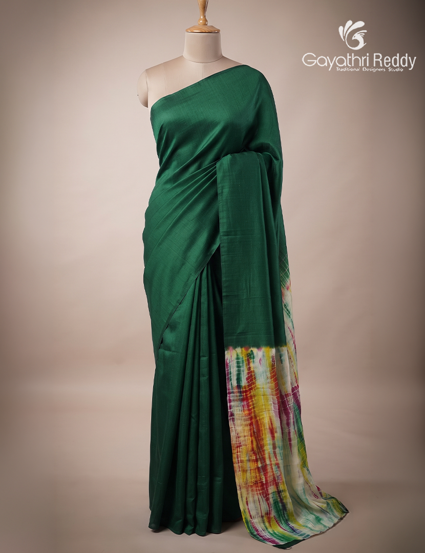 Pure Dupion Digital Print Saree in Bottle Green