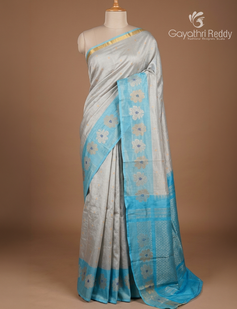 Pure Uppada Silk Saree in Grey and Sky Blue