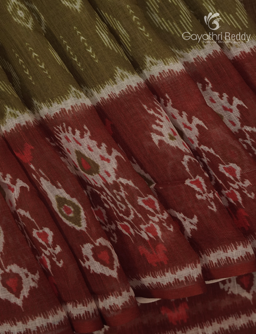 Linen Cotton Saree in Olive Green