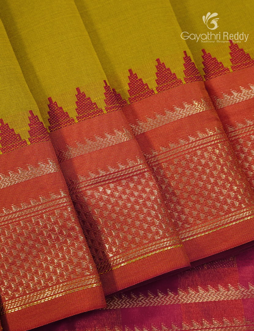 Semi Kanchipuram Art Silk Saree in Mehendi Green and Red