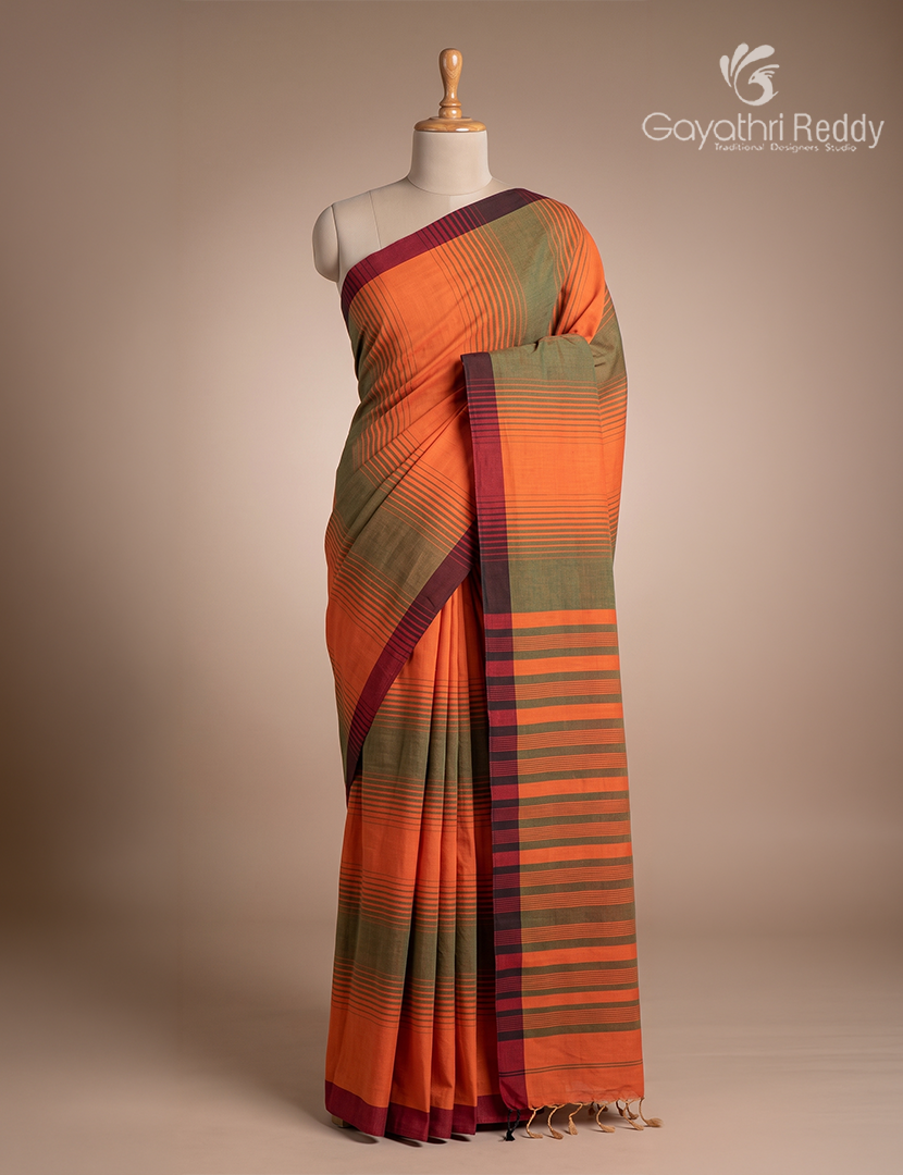 Pure Handloom Cotton Saree in Peachish Orange and Olive Green