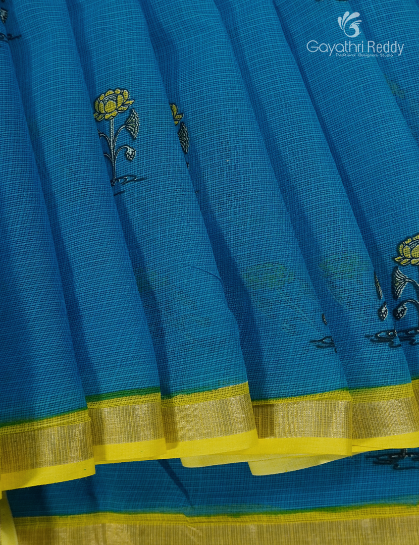 Premium Quality Cotton Kota Saree in Deep Cloud Blue and Lime Yellow