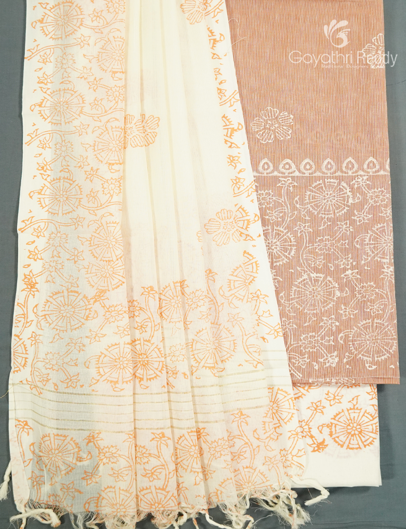 Cotton Dress Material in Pastel  Brown and Cream