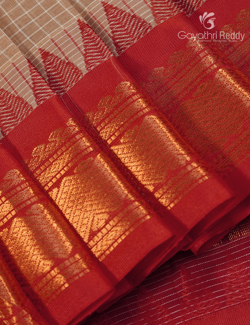 Pure Gadwal Cotton Saree in Golden Beige and Red
