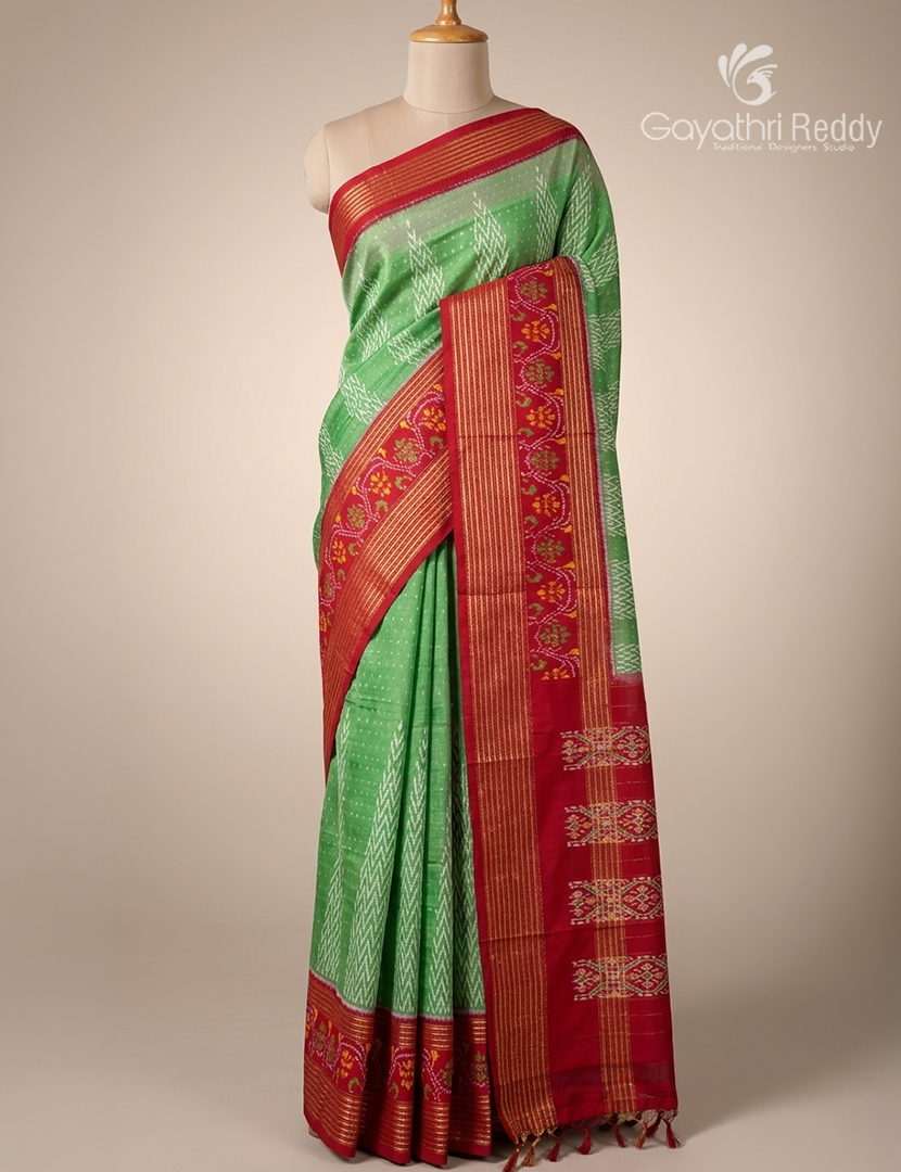 Pure Ikat Silk Saree in Leaf Green and Deep Ruby Pink