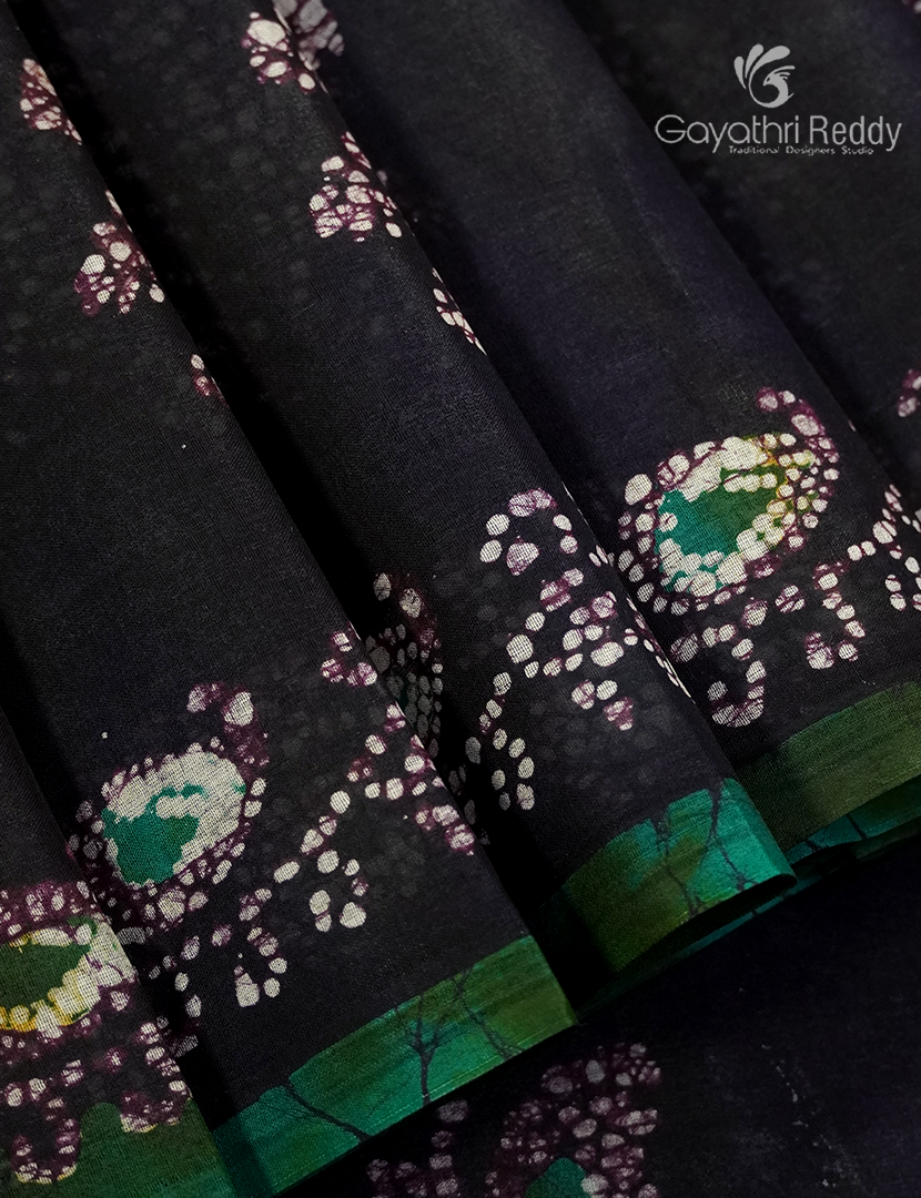 Cotton Batik Print Saree in Deep Black