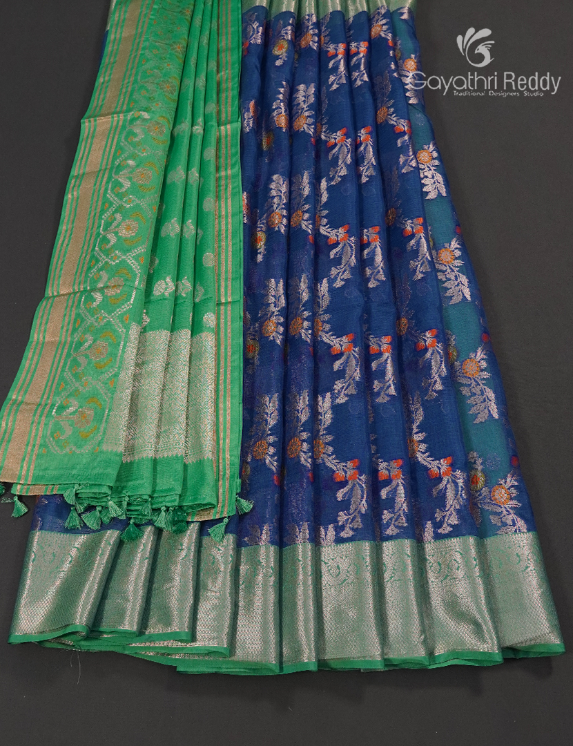Banaras Kota Lehanga Set in Indigo Blue and Sea Green