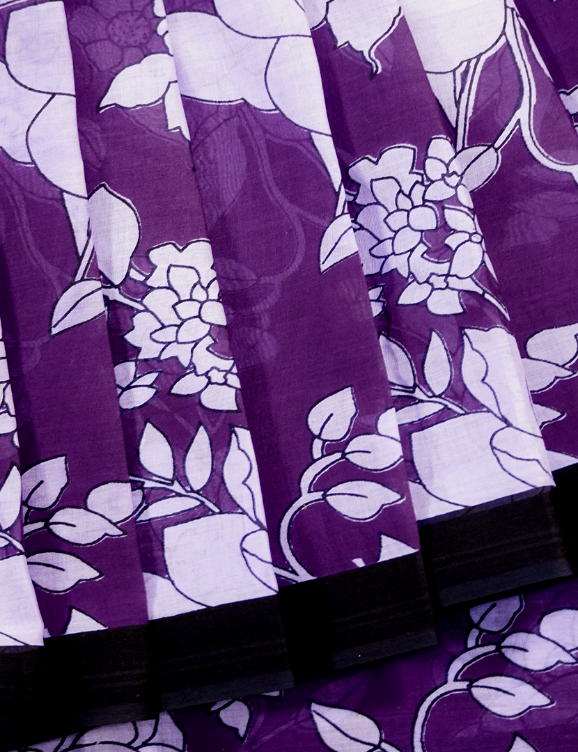 Pure MulMul Cotton Saree in Deep Lavender and Black
