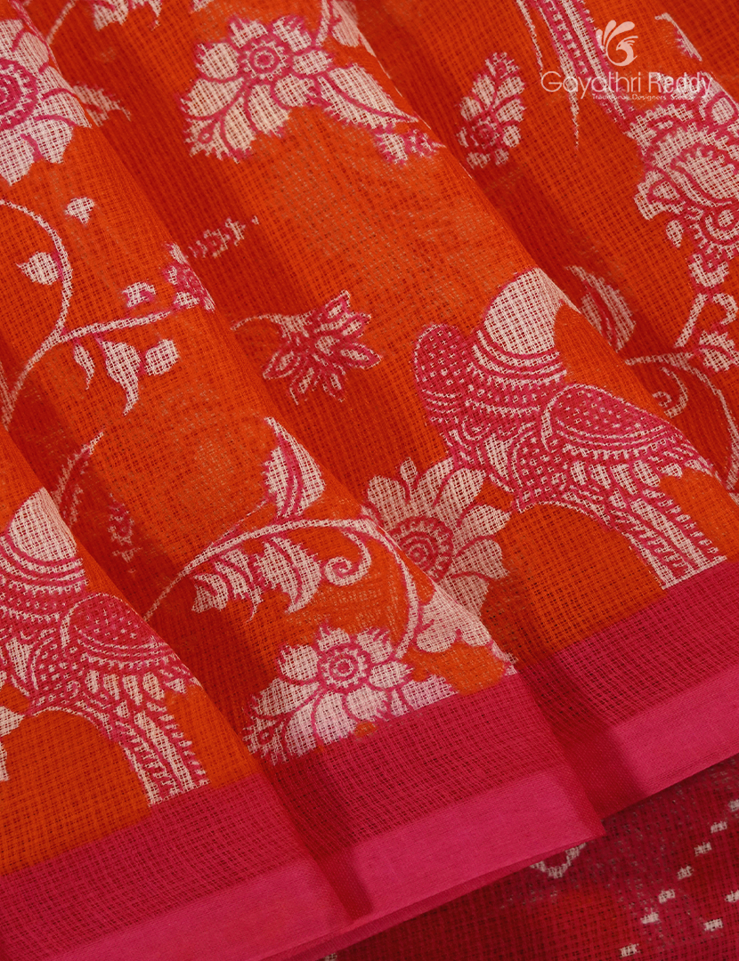 Munga Cotton Saree in Orange and Rani Pink