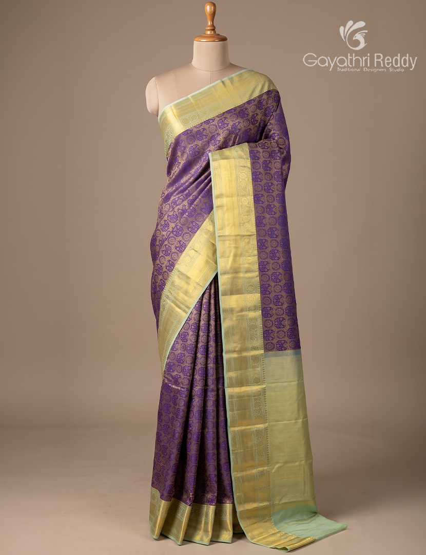Pure Kanchipuram Silk Saree in Violet and Mint Green
