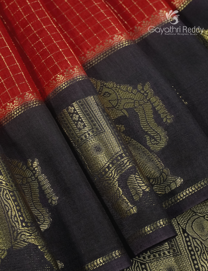 Semi Mysore Crepe Saree in Bridal Red and Deep Snuff