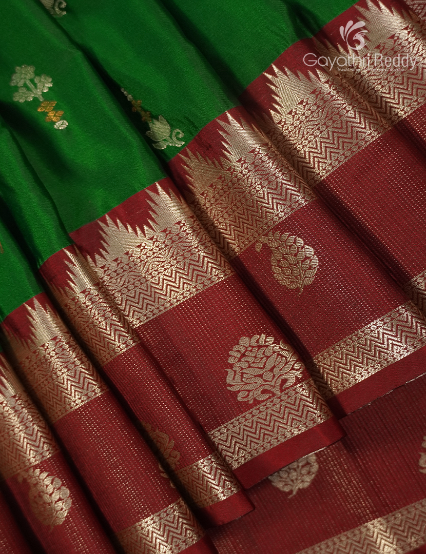 Semi Kanchipuram Art Silk Saree in Parrot Green and Rust Red
