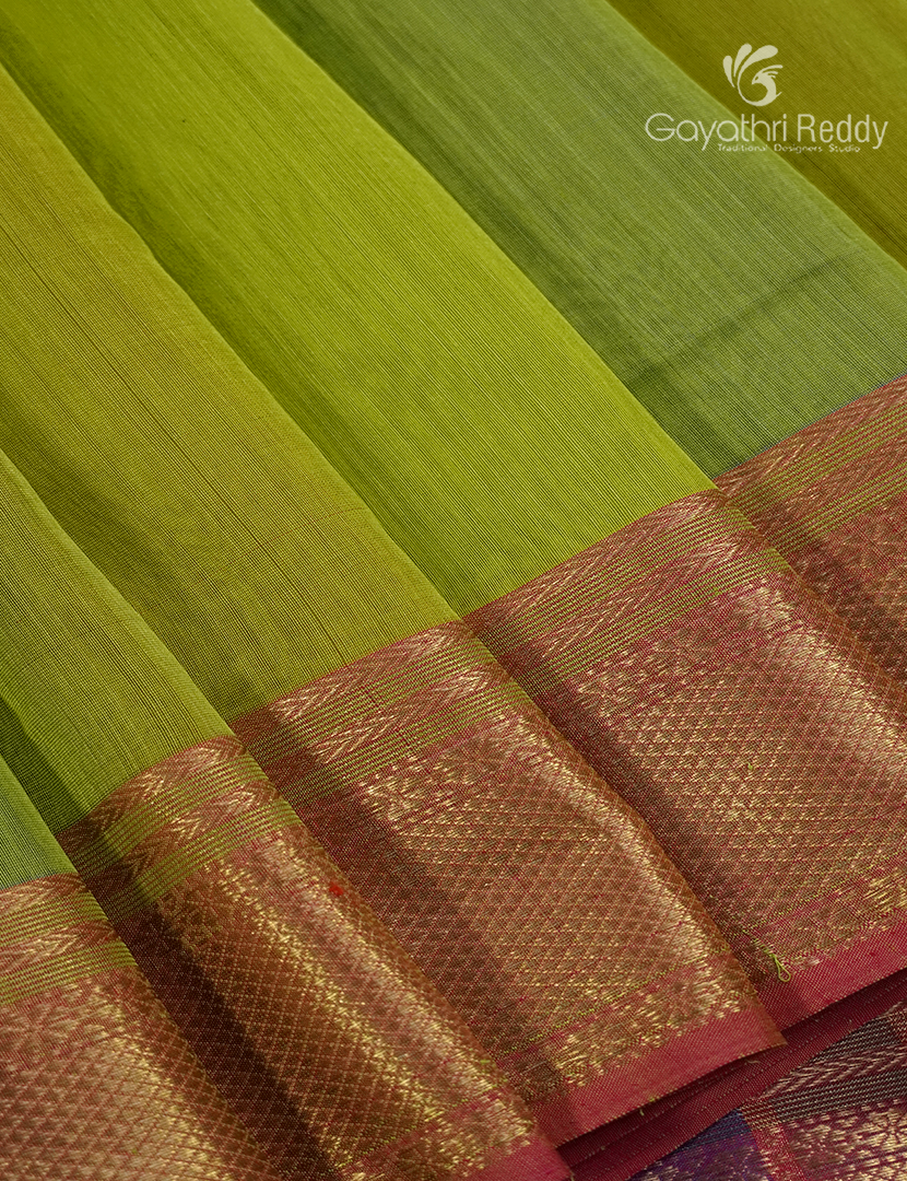 Pure Chanderi Sico Saree in Parrot Green and Red