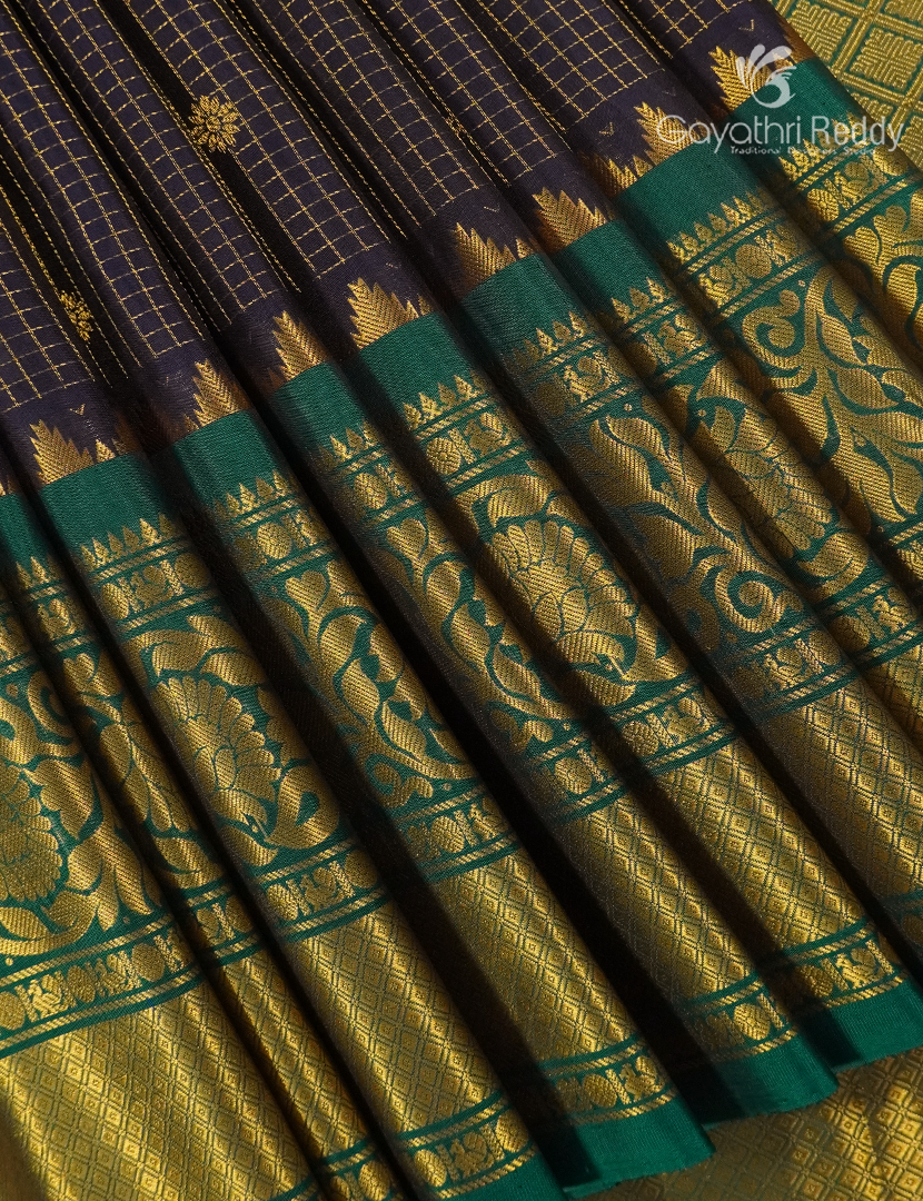 Pure Gadwal Silk Saree in Deep Brown and Bottle Green