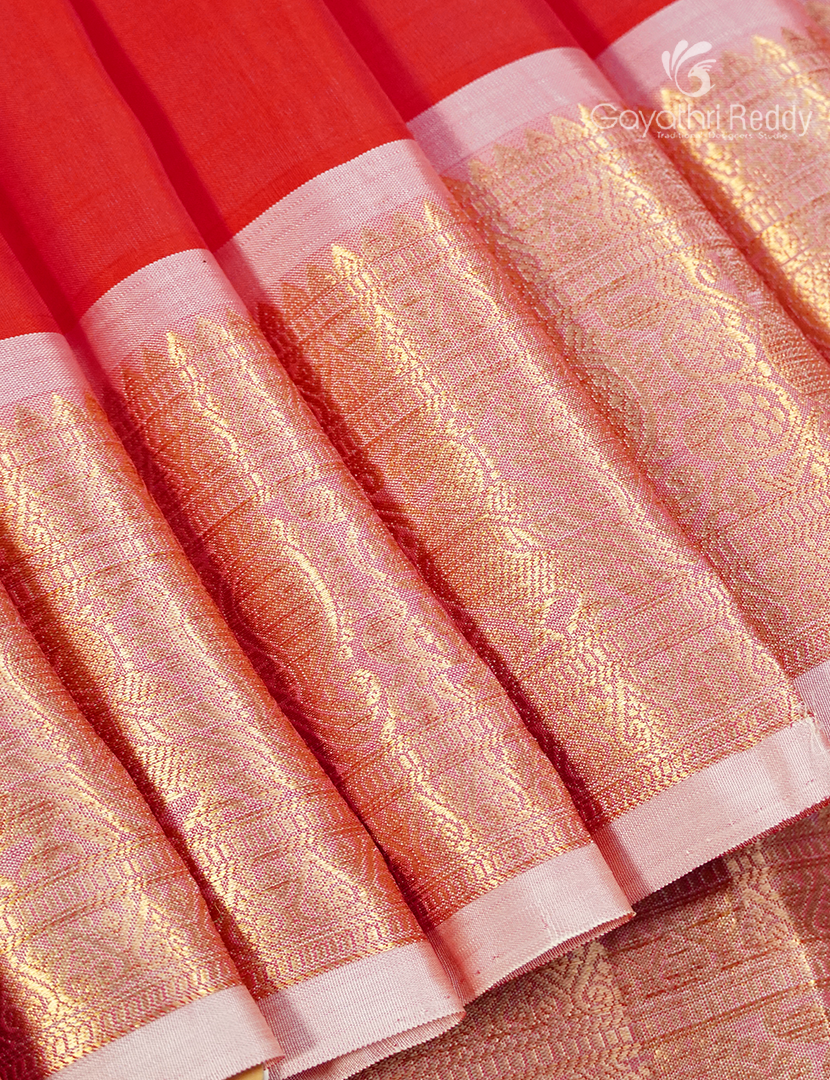 Pure Kanchipuram Silk Saree in Red and Baby Pink (Medium Borders )