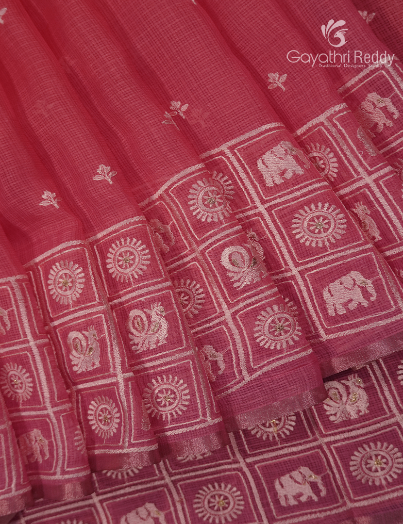 Silk Kota Saree in Beige and Peachish Red