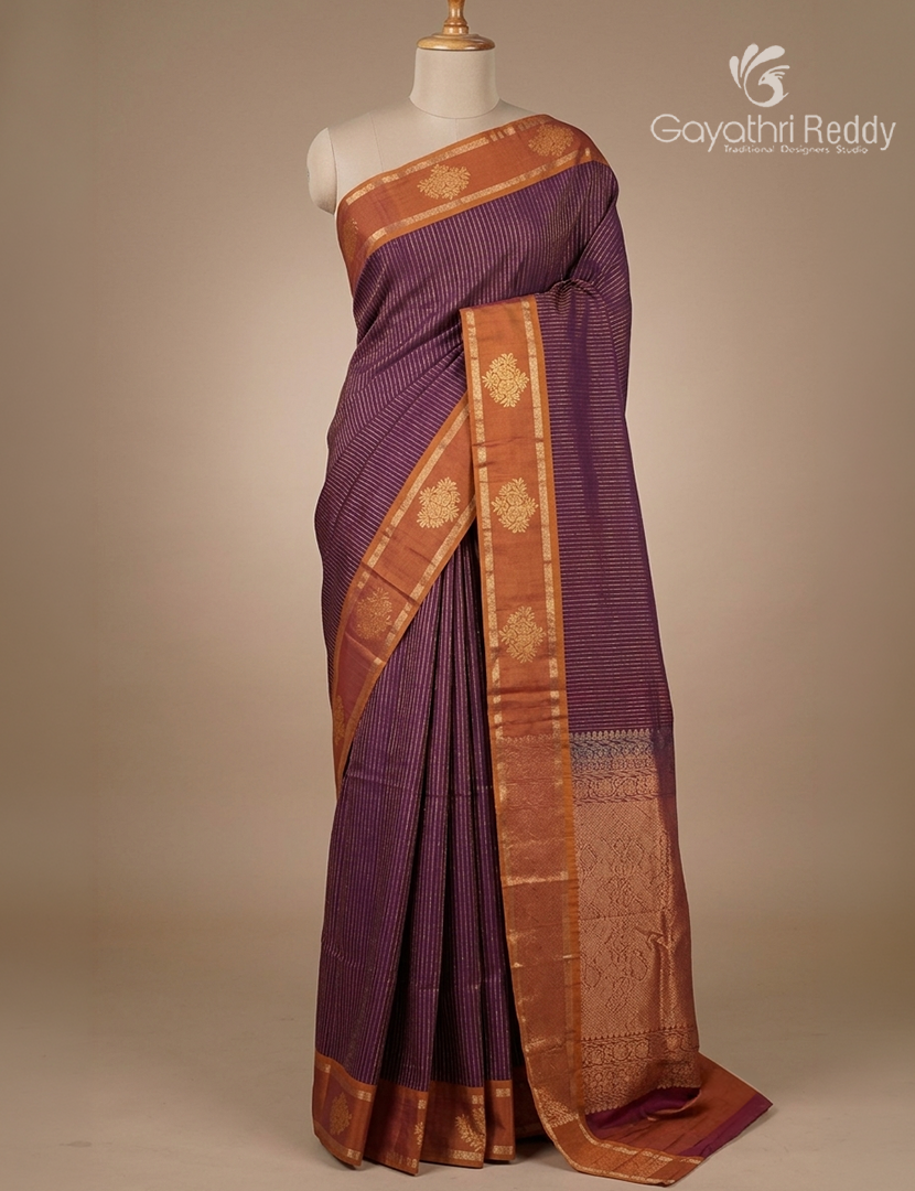Kanchipuram Sico Saree in Deep Magenta and Orange