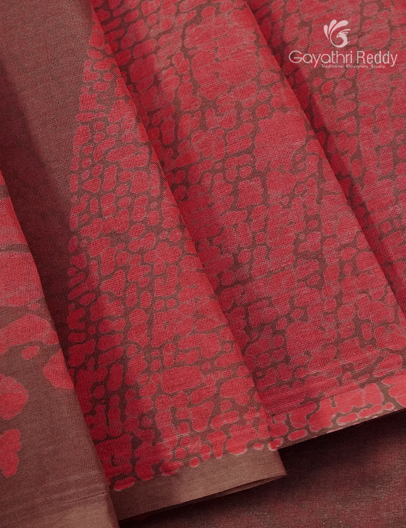 Cotton Batik Print Saree in Terracota Red and Dark Earth Brown