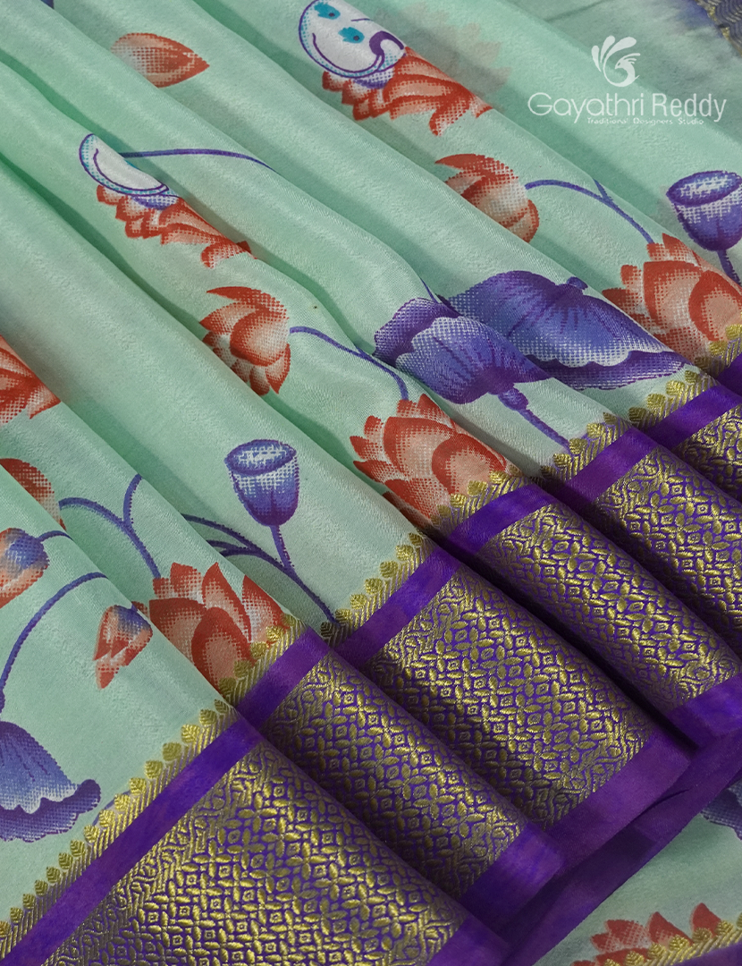 Pure Mysore Silk Saree in Sea Foam Green and Navy Blue