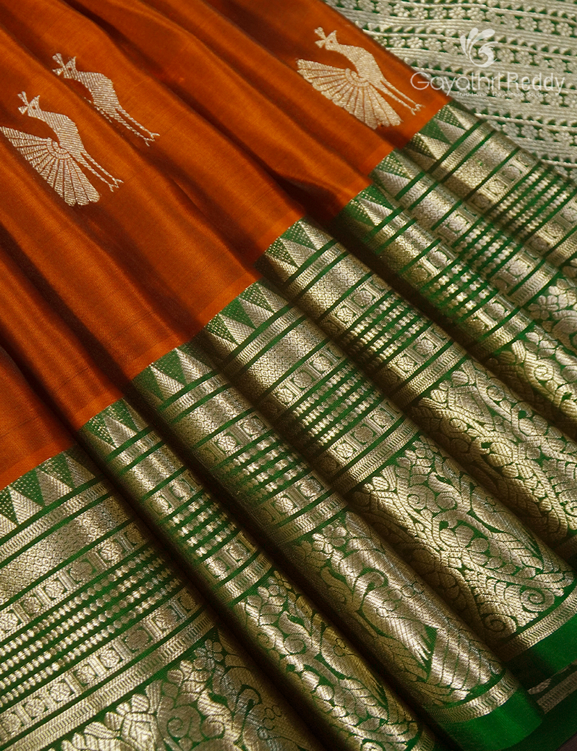 Pure Venkatagiri Silk Saree in Deep Rust and Mango Gree