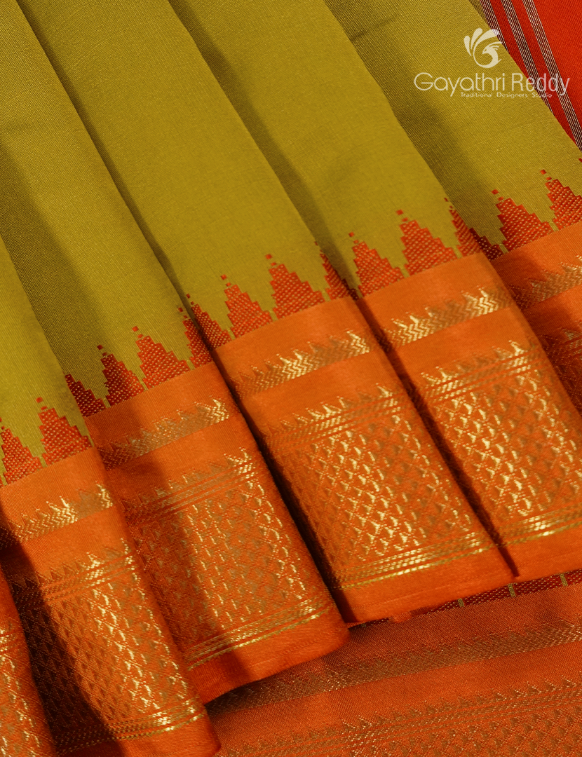 Semi Gadwal Saree in Mehendi Green and Orange
