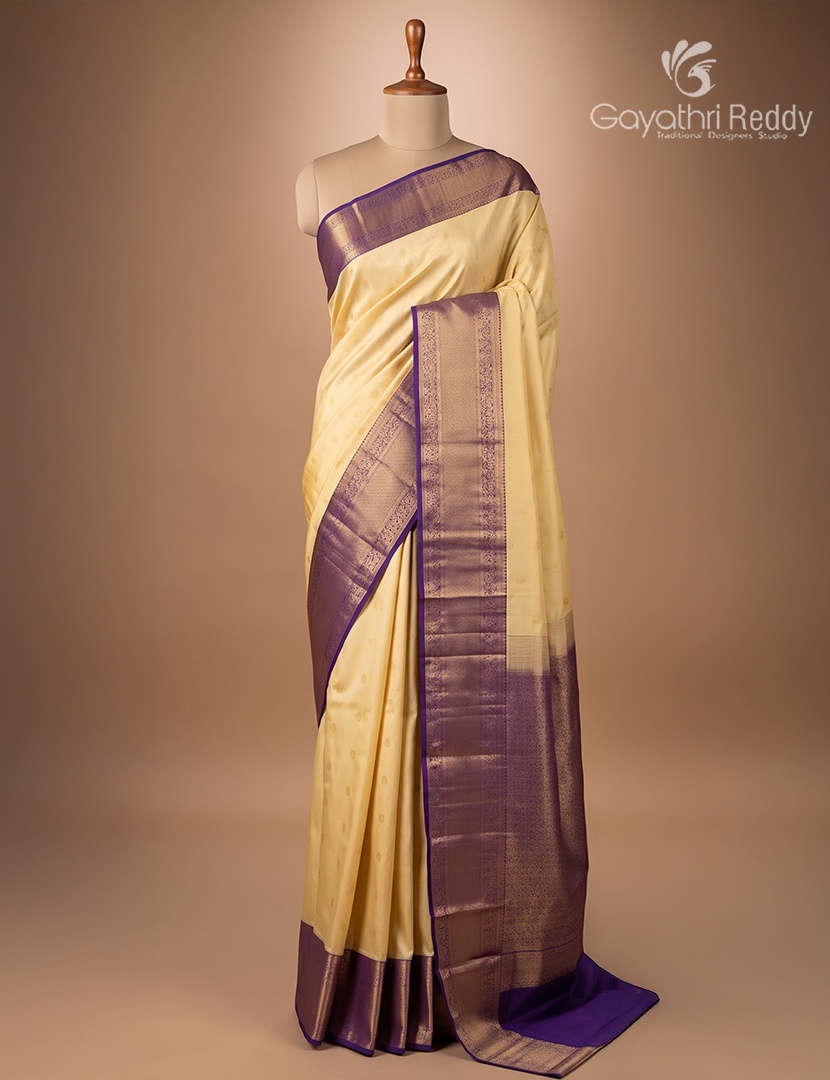 Semi Kanchipuram Silk Saree in Golden Cream and Navy Blue