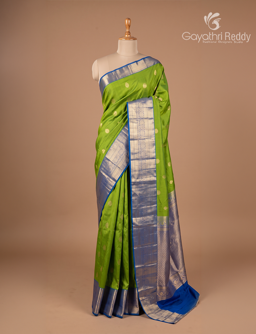 Semi Kanchipuram Silk Saree in Parrot Green and Peacock Blue